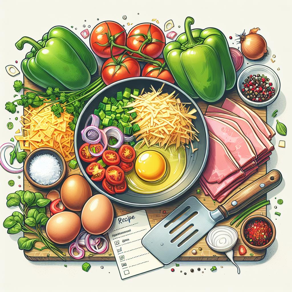 Ingredience potřebné pro zdravou omeletu na snídani se šunkou a sýrem