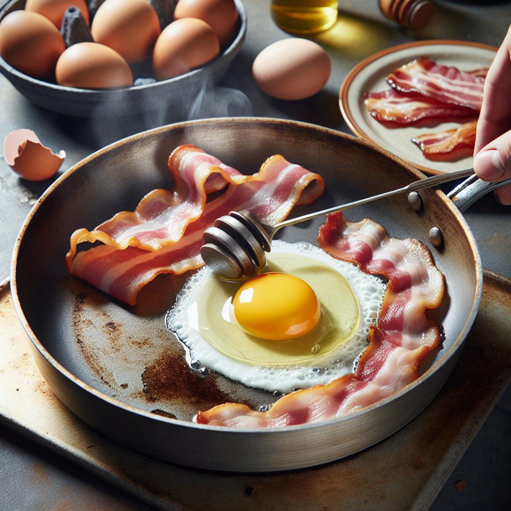 Ingredience potřebné pro dietní snídani pro muže: Vaječná pánev se slaninou