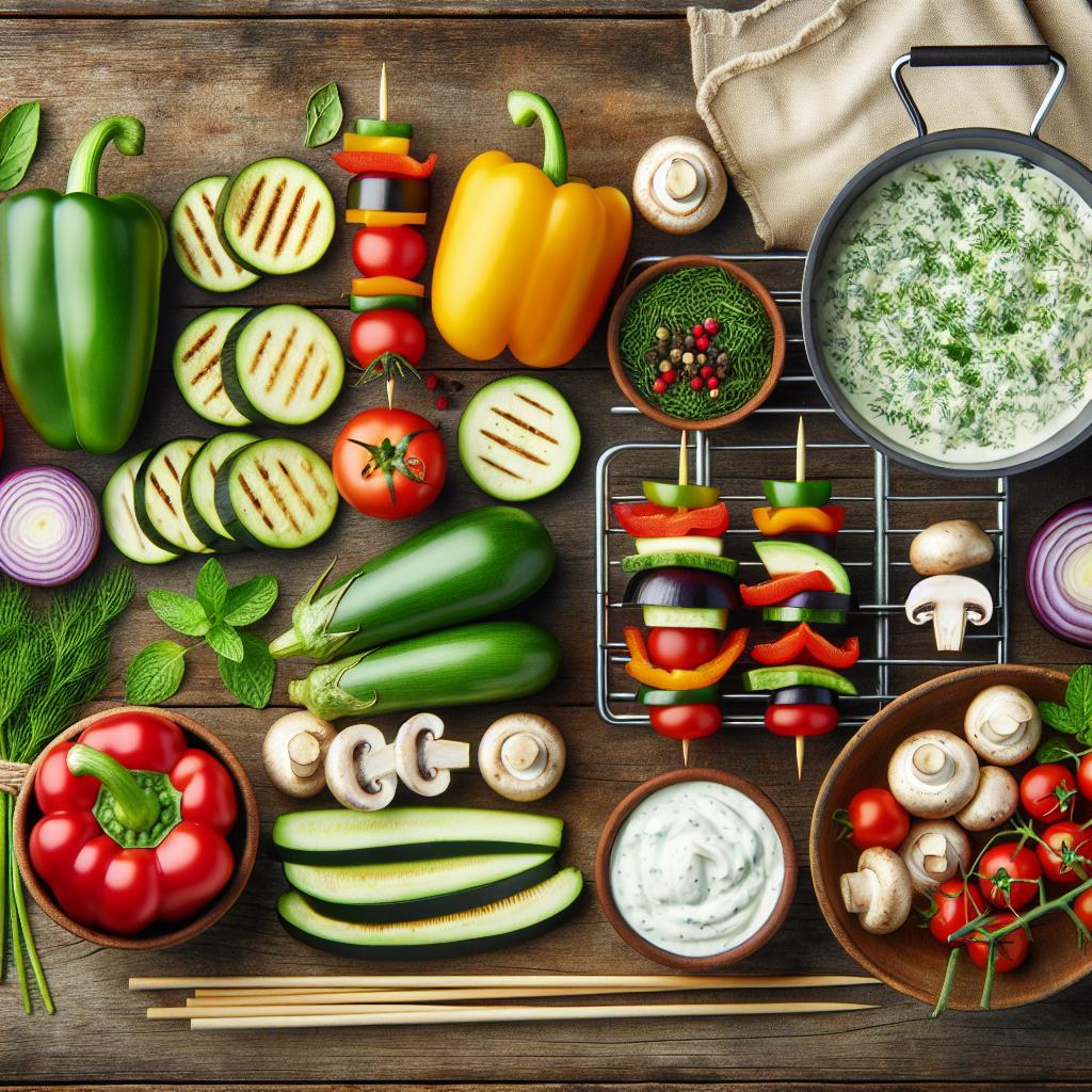 Suroviny potřebné k přípravě zeleninových špízů na grilu s bylinkovým dipem