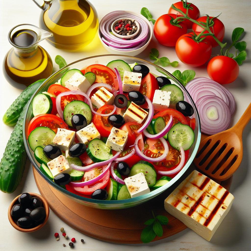 Ingredience potřebné pro lehké večeře na léto: Řecký salát s grilovaným halloumi sýrem