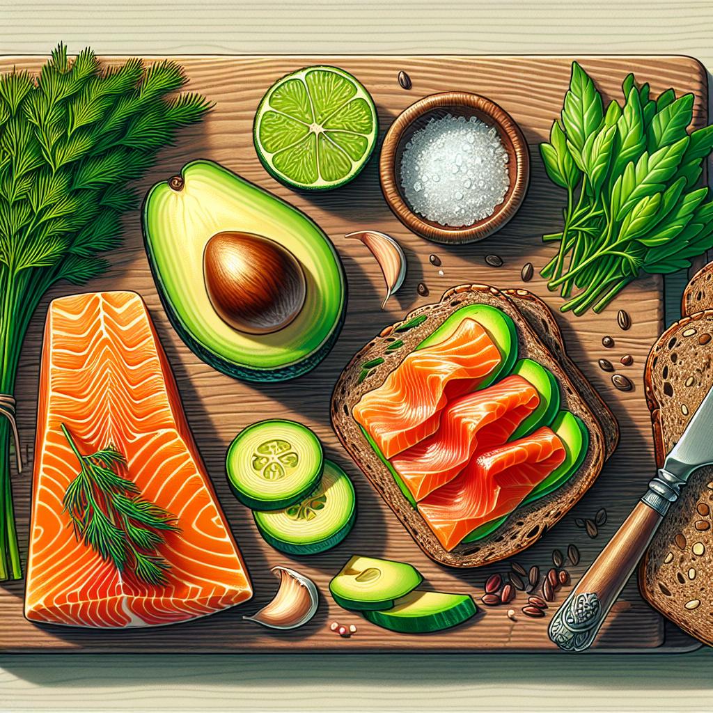 Ingredience potřebné k přípravě avokádového ⁤toastu s lososem a koprem