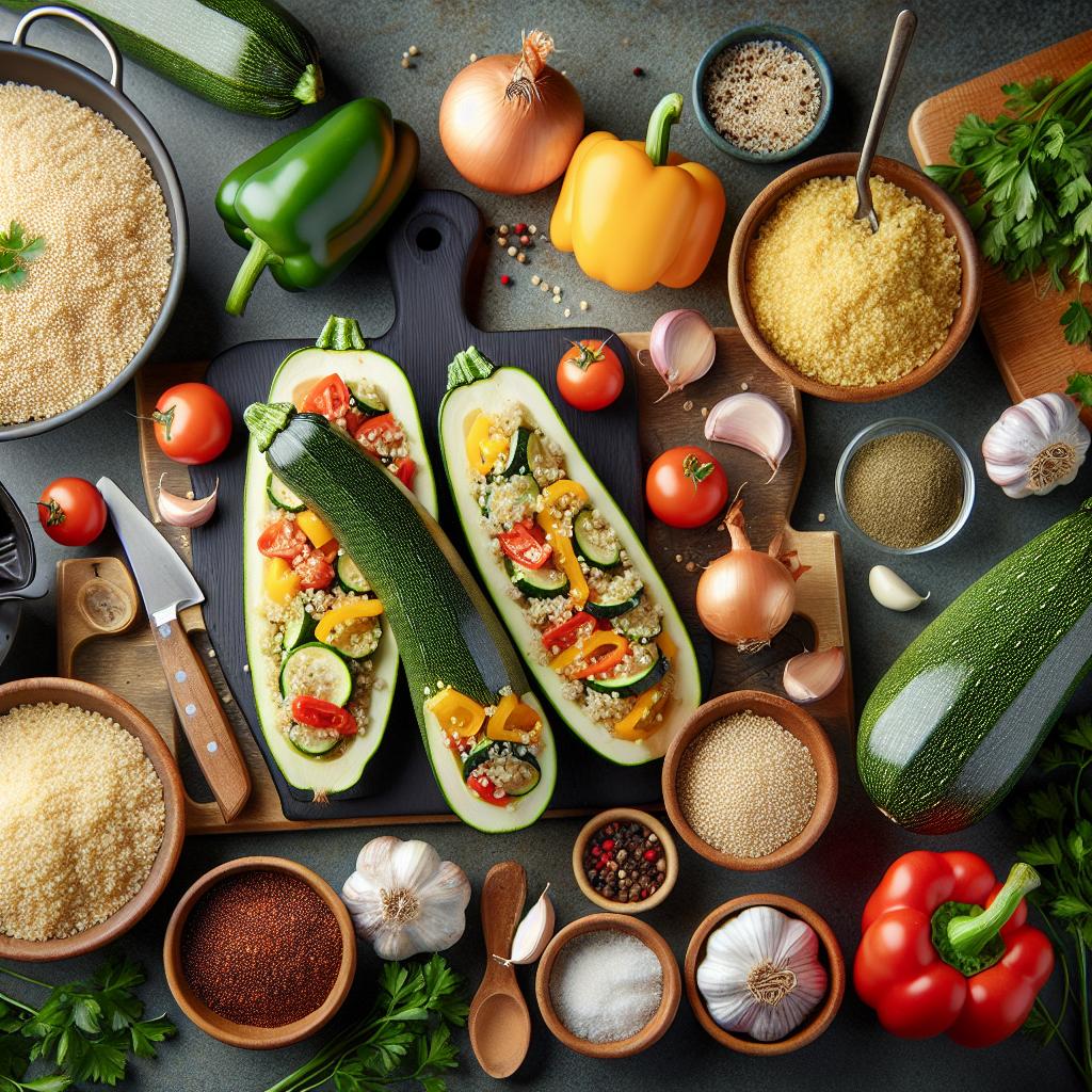 Ingredience potřebné k přípravě pečené cukety plněné quinoou a zeleninou
