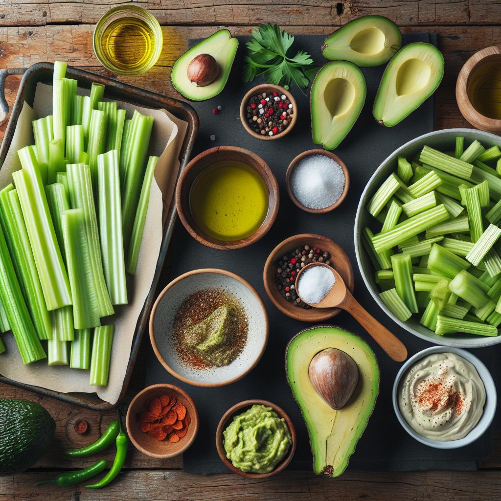 Ingredience potřebné pro celerové hranolky s avokádovým dipem