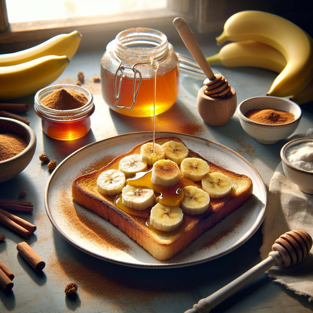Ingredience potřebné pro zdravou snídani na průjem: Banánový toast s medem a skořicí