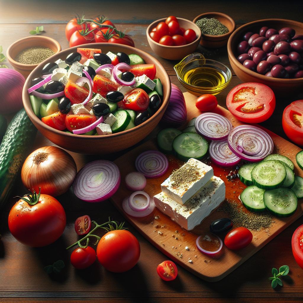 Ingredience potřebné pro zdravé saláty k večeři: Řecký salát s grilovaným halloumi sýrem