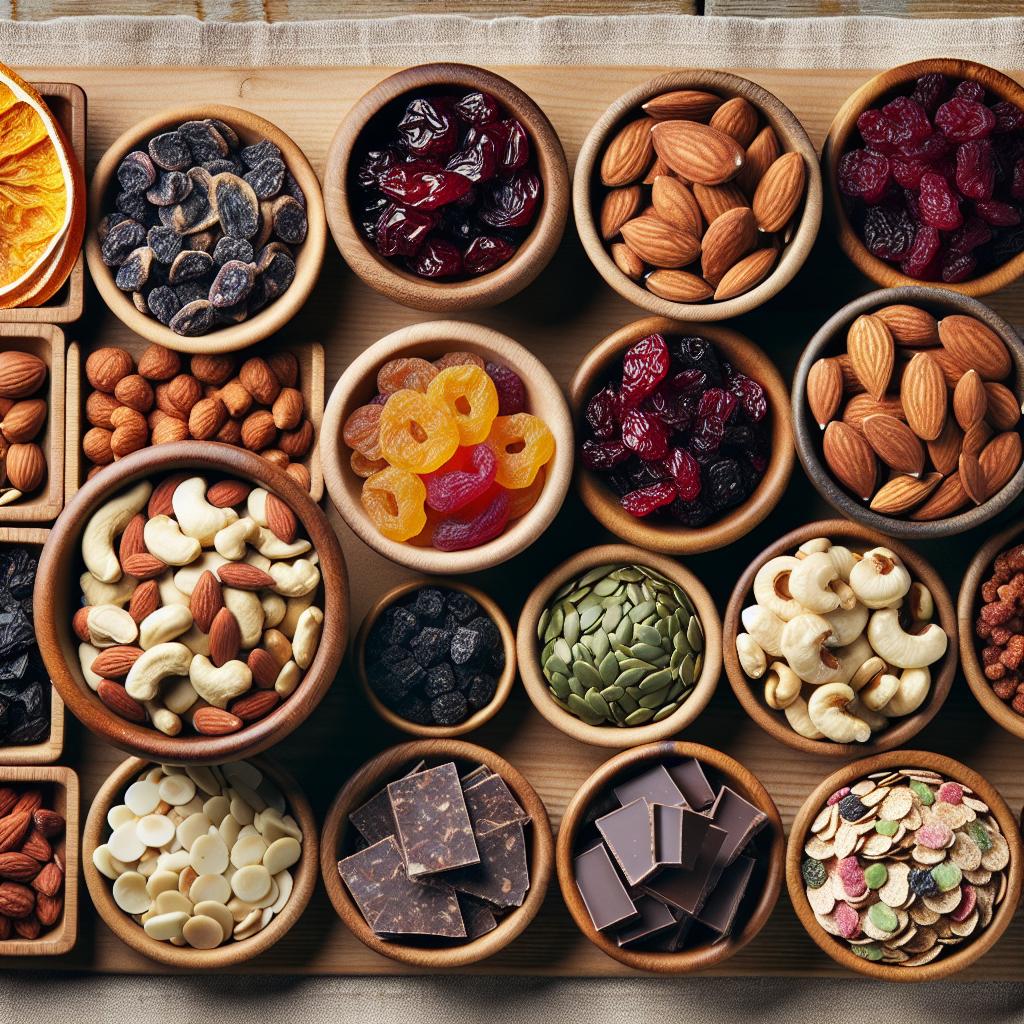 Ingredience potřebné pro zdravou svačinu na cesty: domácí trail mix - energetická bomba na cesty