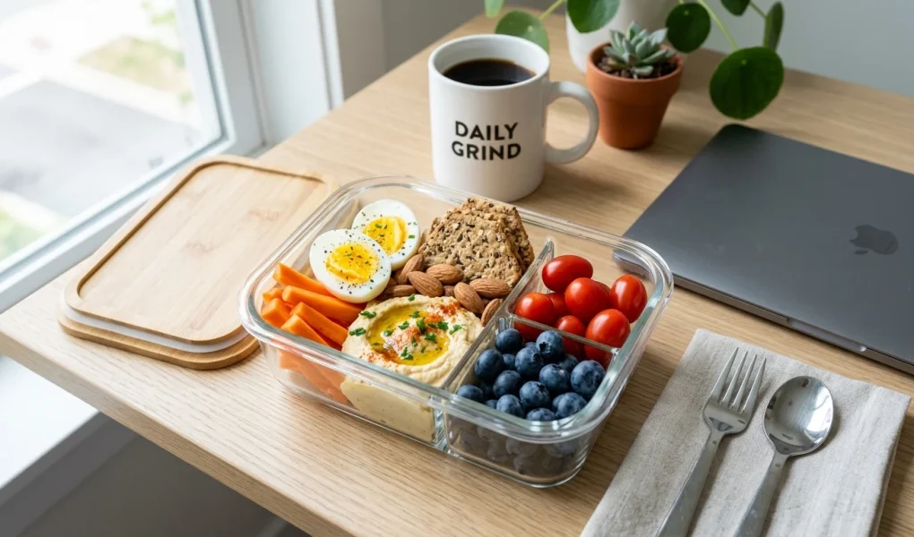 Výběr zdravých fitness snacků - ořechy, proteinové kuličky a nakrájené ovoce