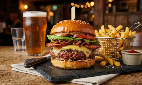 Šťavnatý burger v podniku v Karlíně